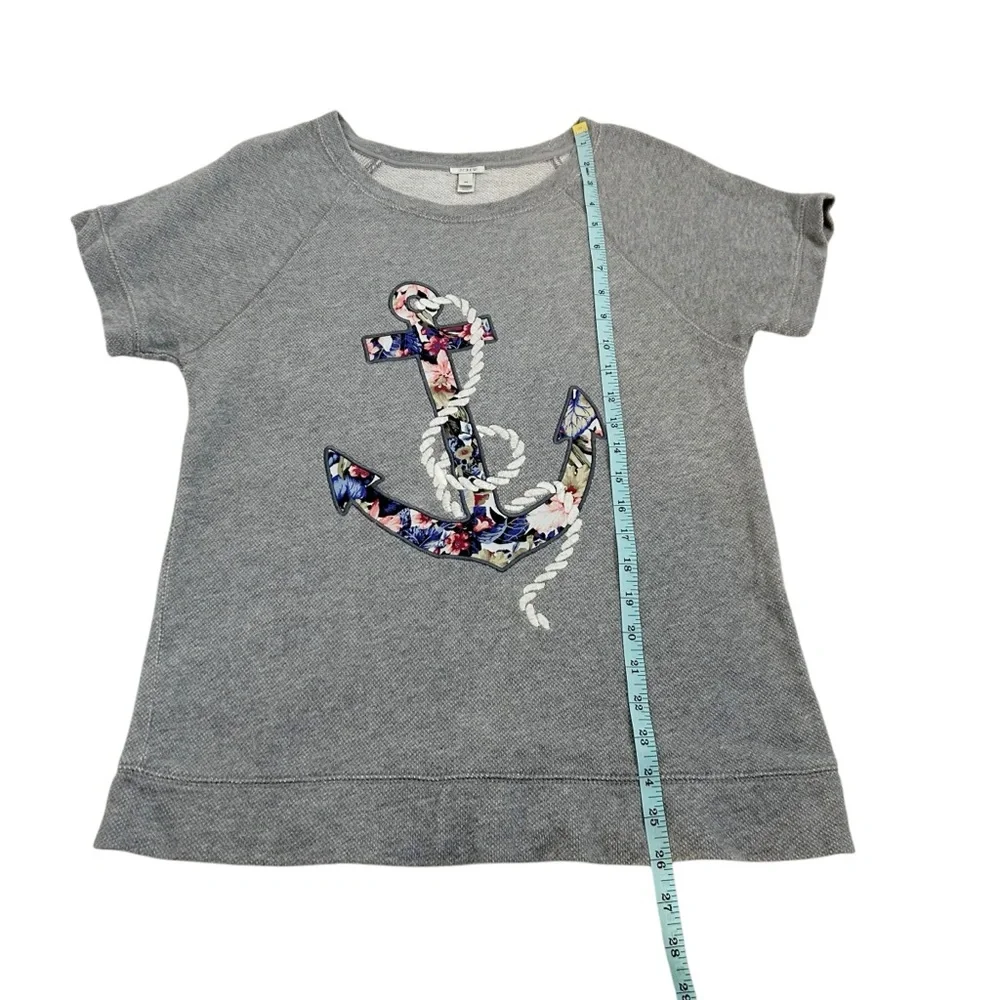 J Crew Medium Gray Terry Multicolor Floral Anchor Short Sleeve Sweatshirt